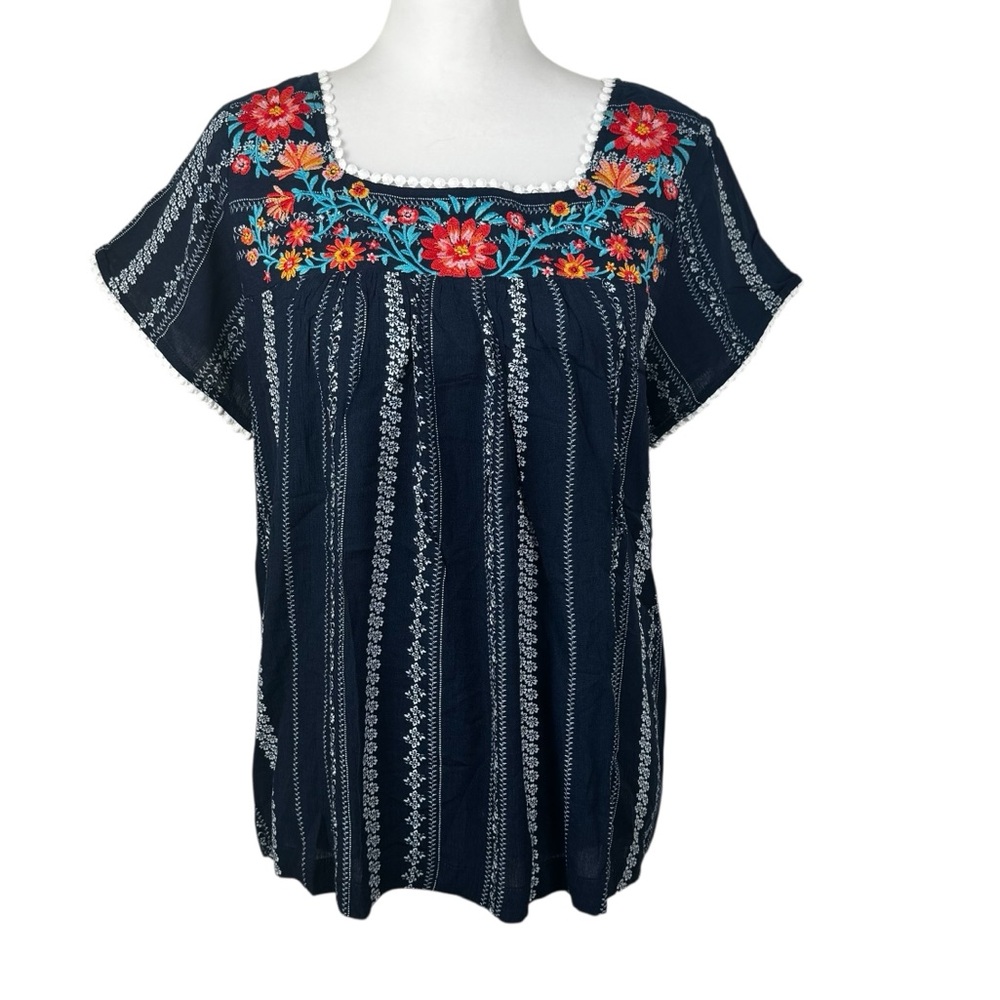 NWT Savanna Jane Navy Blue Embroidered Floral Square Neck Blouse Shirt Small - Picture 7 of 11
